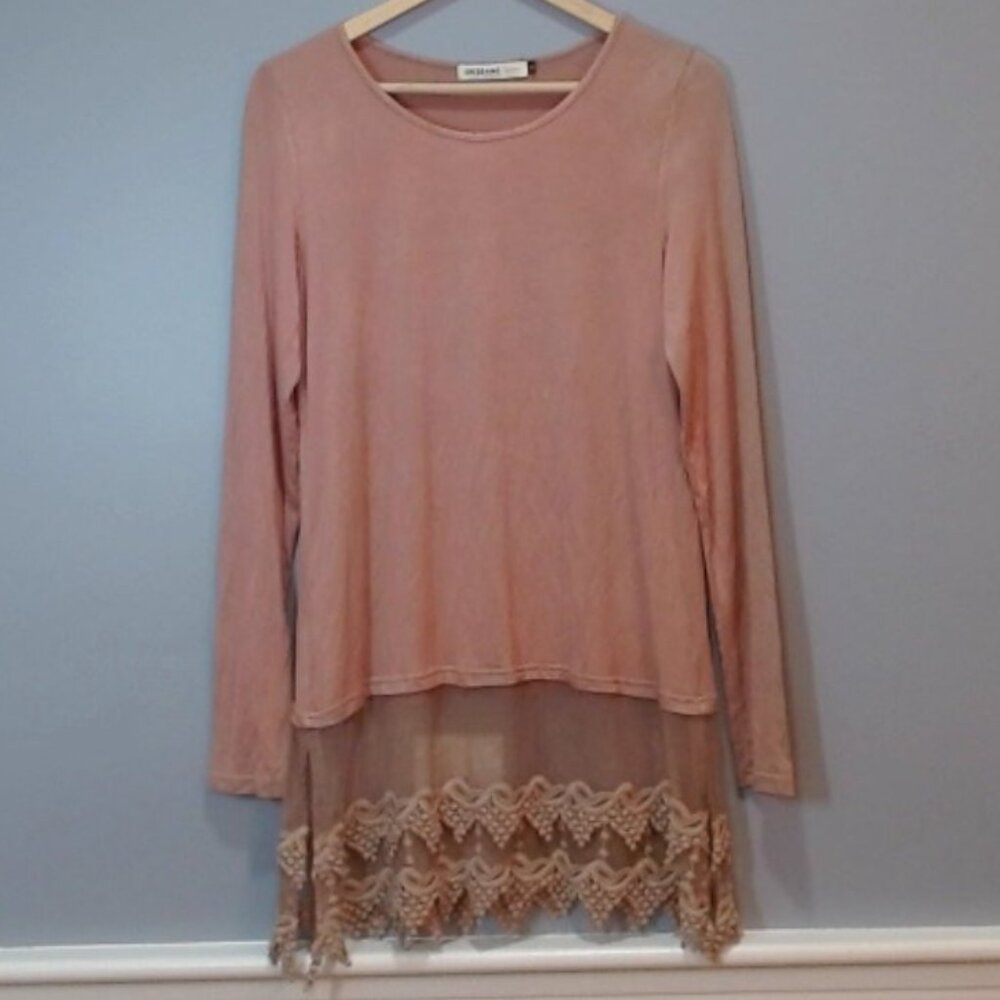 Origami by Vivien Lace Hem Tunic Top - Women’s‎ Small Brown Long Sleeve